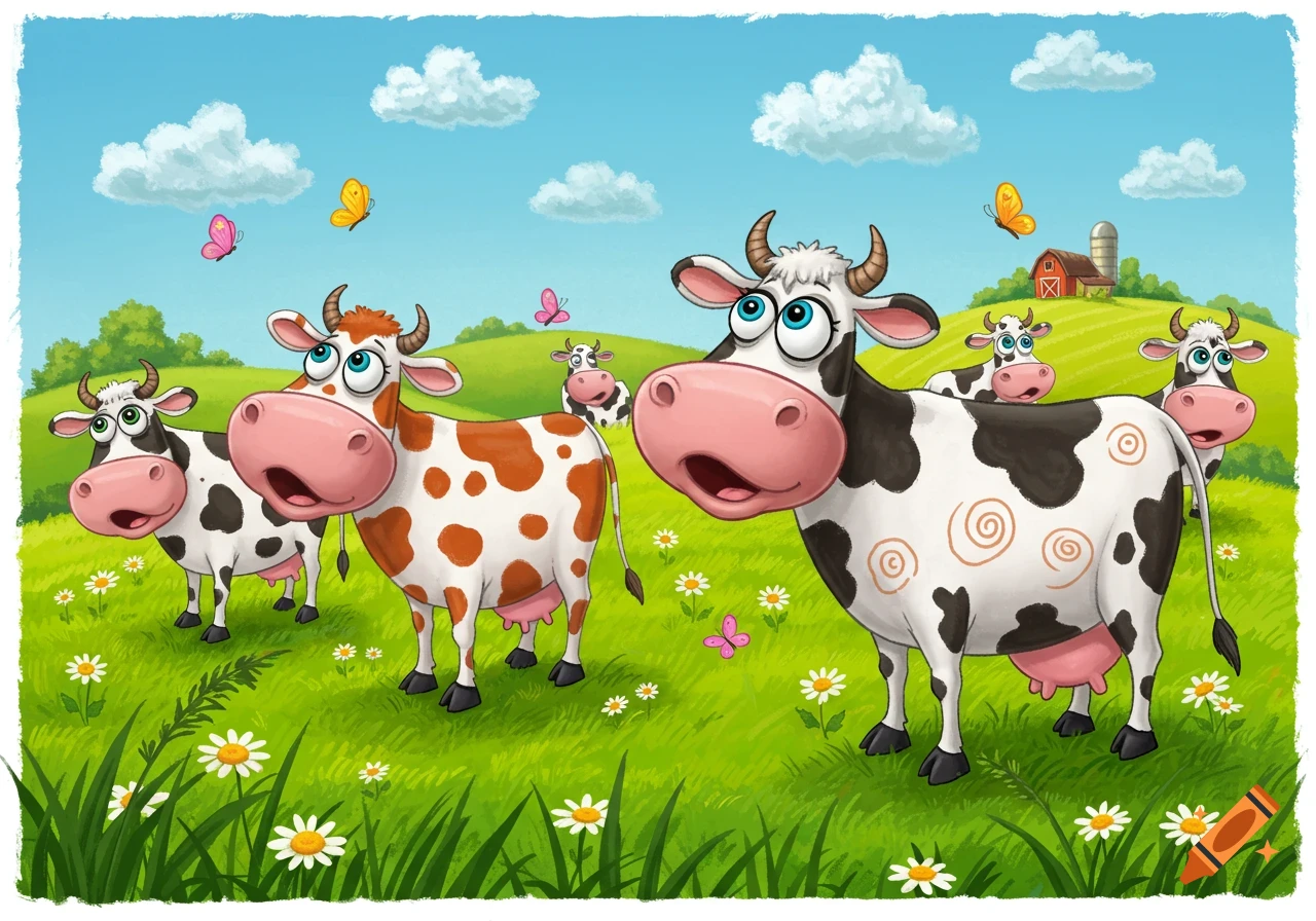 A colorful cartoon illustration of several cows with big eyes and pink snouts in a green field with daisies, butterflies, and a barn.