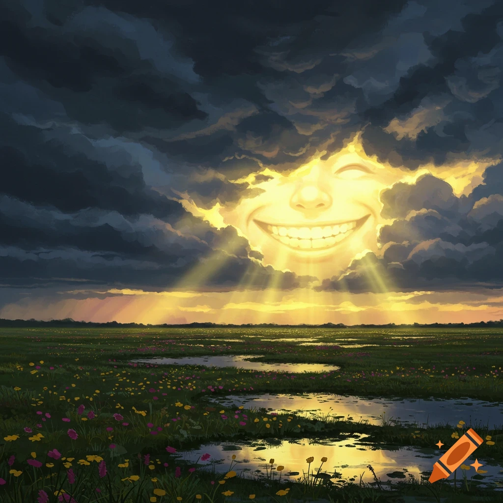 A smiling, radiant face emerges from stormy clouds, shining light over a field with puddles and wildflowers at sunset.