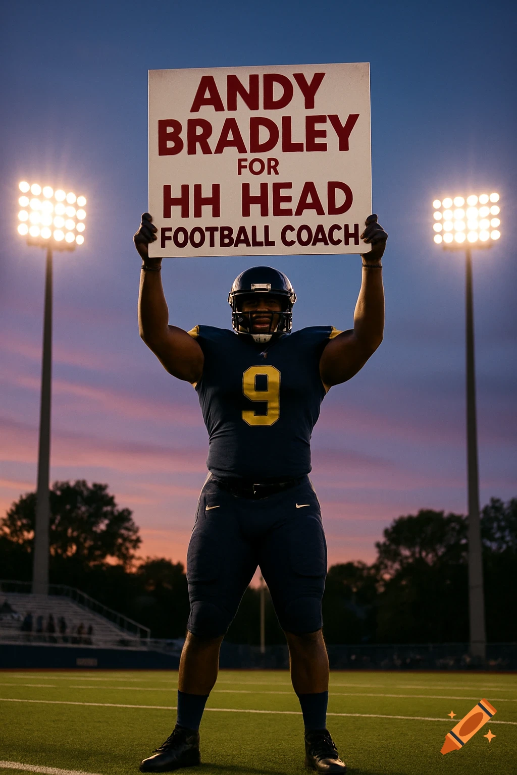 A football player in uniform holds a sign reading 'ANDY BRADLEY FOR HH HEAD FOOTBALL COACH' on a field at sunset.