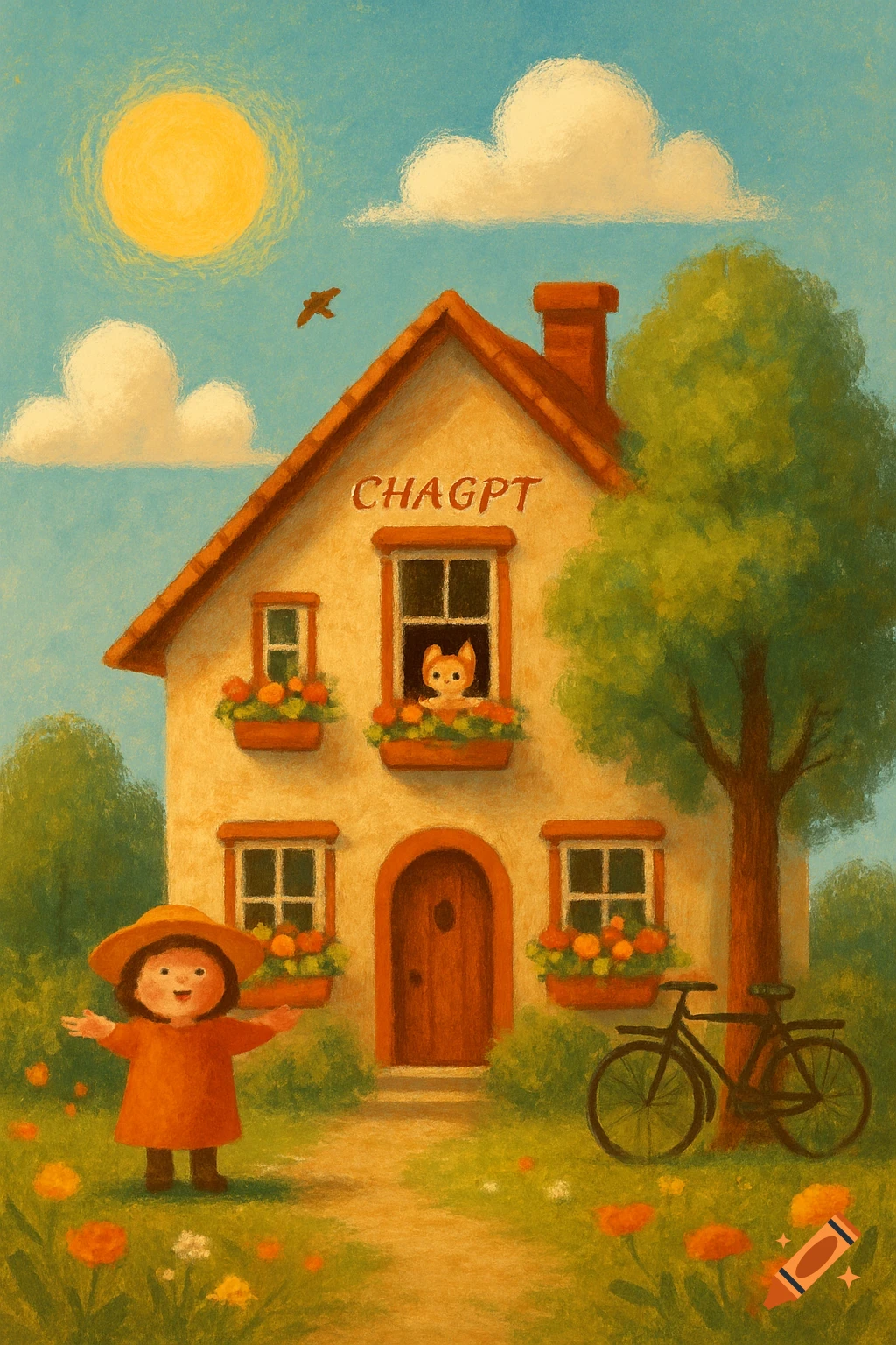 A charming childlike illustration of a house with 'CHAGPT' on the roof, a child, a cat in a window, sun, clouds, a tree, and a bicycle.
