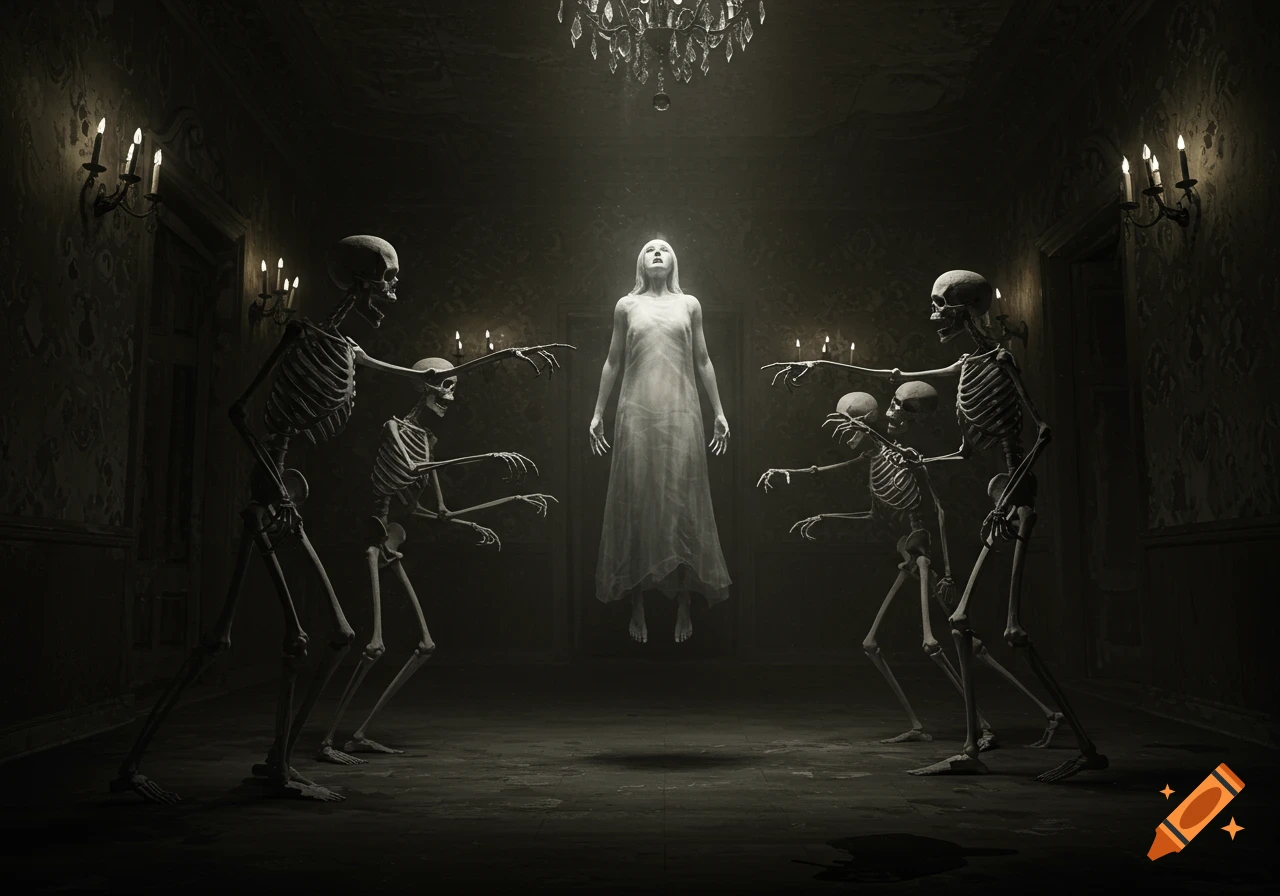 A glowing ghost floats in a dark, gothic room, surrounded by multiple skeletons pointing at it in a realistic, atmospheric style.