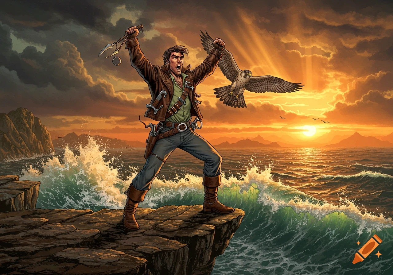 An adventurous man triumphs on a cliff overlooking a stormy sunset sea with a falcon flying nearby, in a comic book style.