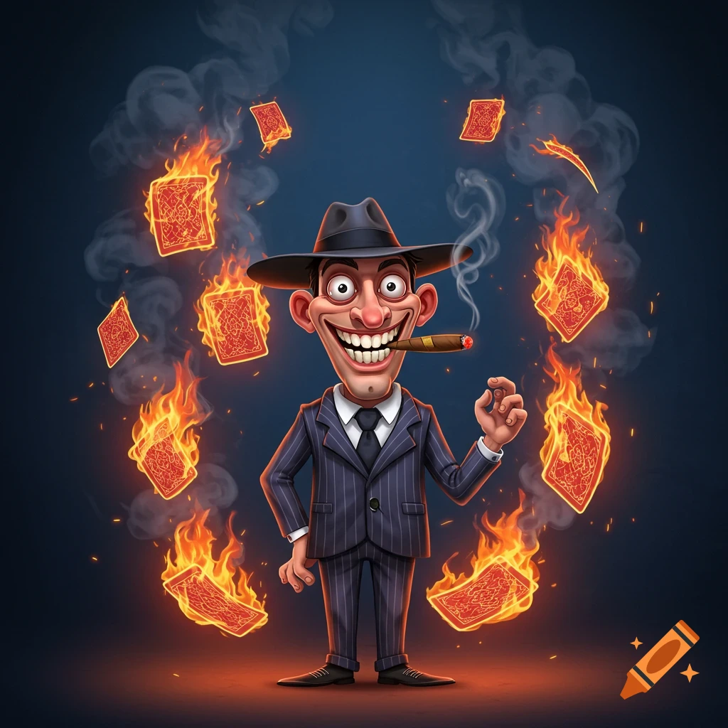 A cartoon gangster in a pinstripe suit and fedora grins maniacally, holding a cigar amidst burning playing cards.