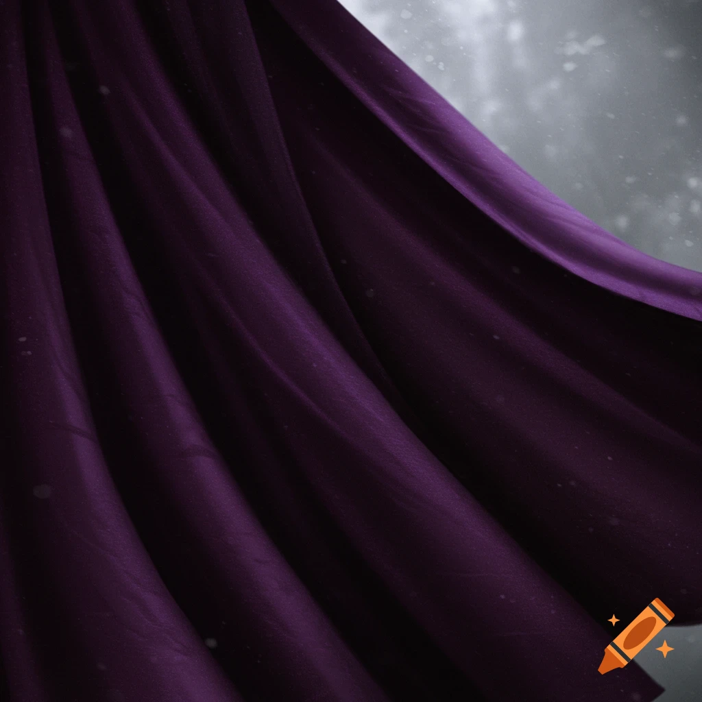 Close-up of a flowing dark purple fabric, possibly a cloak, against a blurry gray background with small white specks.