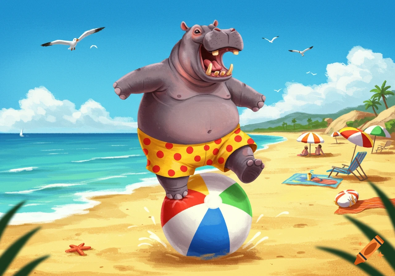 A cartoon hippo in yellow polka dot shorts balances on a beach ball at a sunny beach.