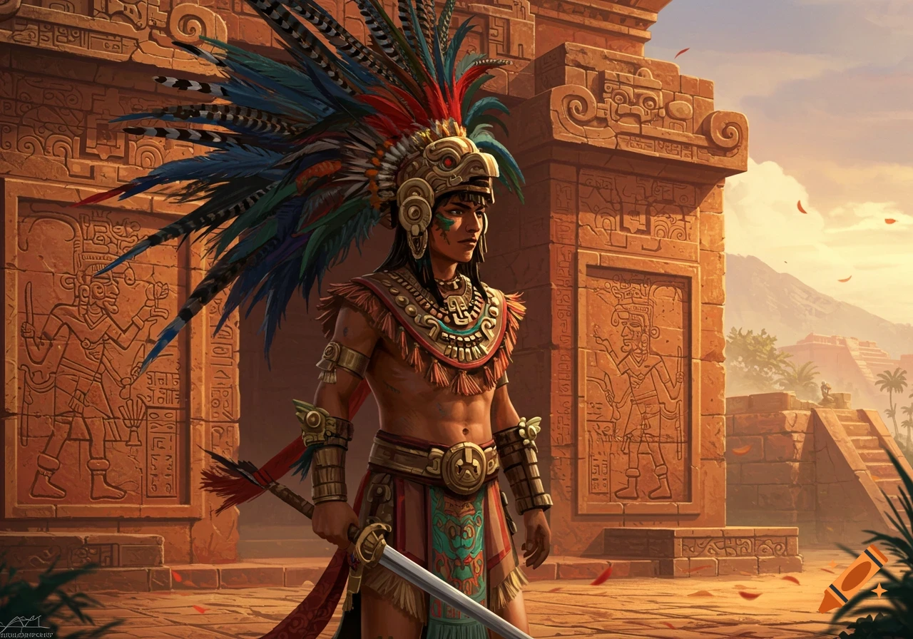 A young Aztec warrior in a feathered headdress and traditional attire holds a sword before ancient, carved stone ruins.
