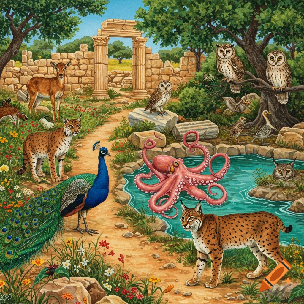 Detailed illustration of various animals including deer, lynxes, owls, a peacock, and an octopus in a lush landscape with ancient ruins and a pond.
