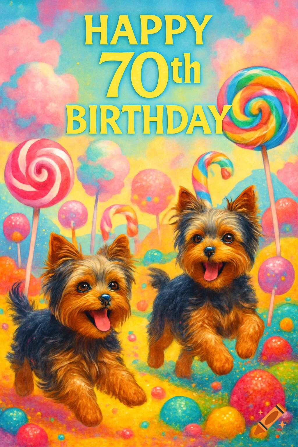 Two cute Yorkie dogs run in a vibrant, whimsical candy land scene, with "HAPPY 70th BIRTHDAY" text prominently displayed.