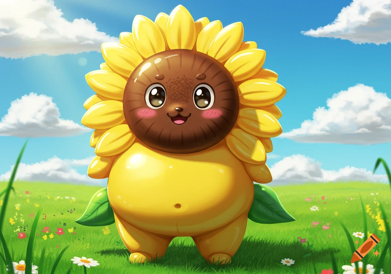 An adorable, chubby, cartoony sunflower character with a cute face stands in a vibrant green field under a sunny blue sky.