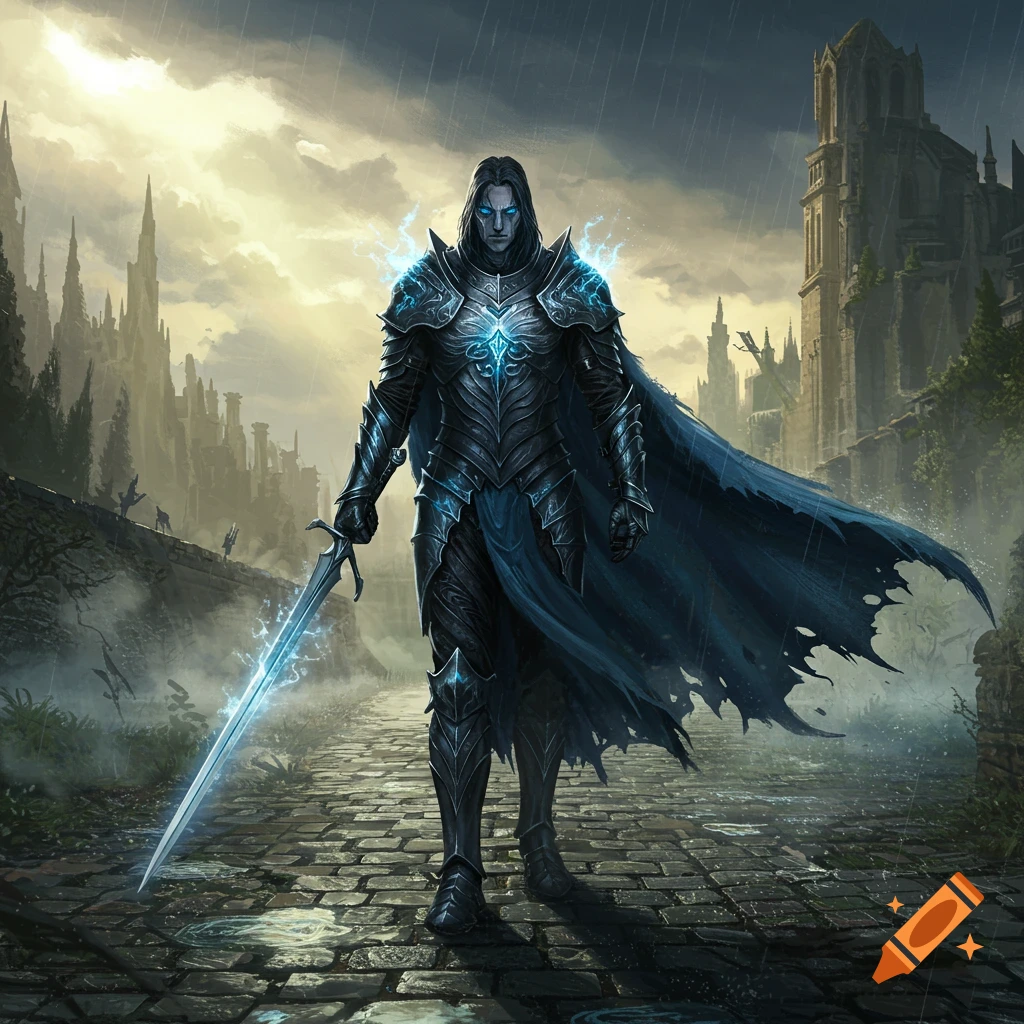 A dark knight in glowing blue armor with a luminous sword stands on a rainy cobblestone path, surrounded by gothic ruins under a dramatic sky.
