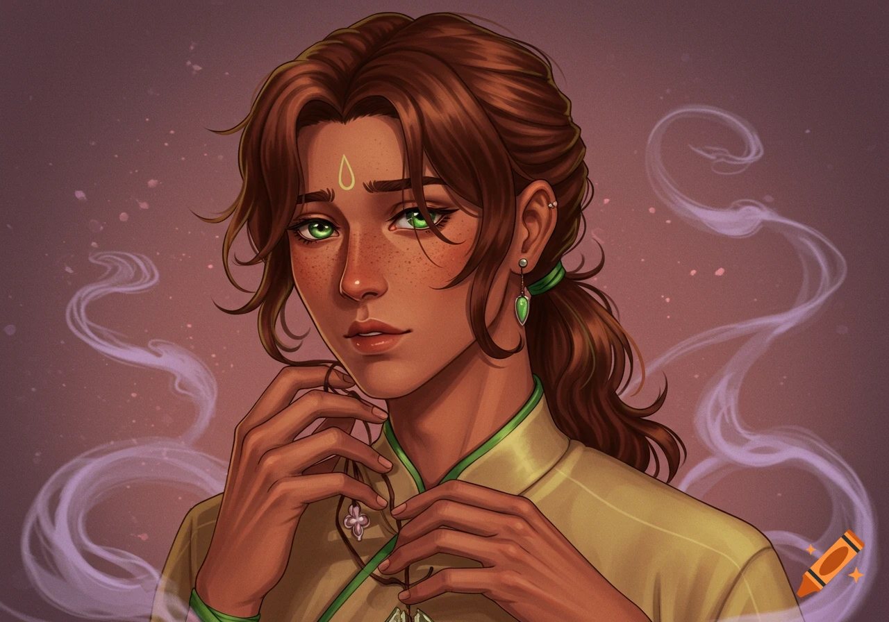 Digital illustration of a person with brown hair, green eyes, freckles, dark skin, and a glowing forehead symbol.