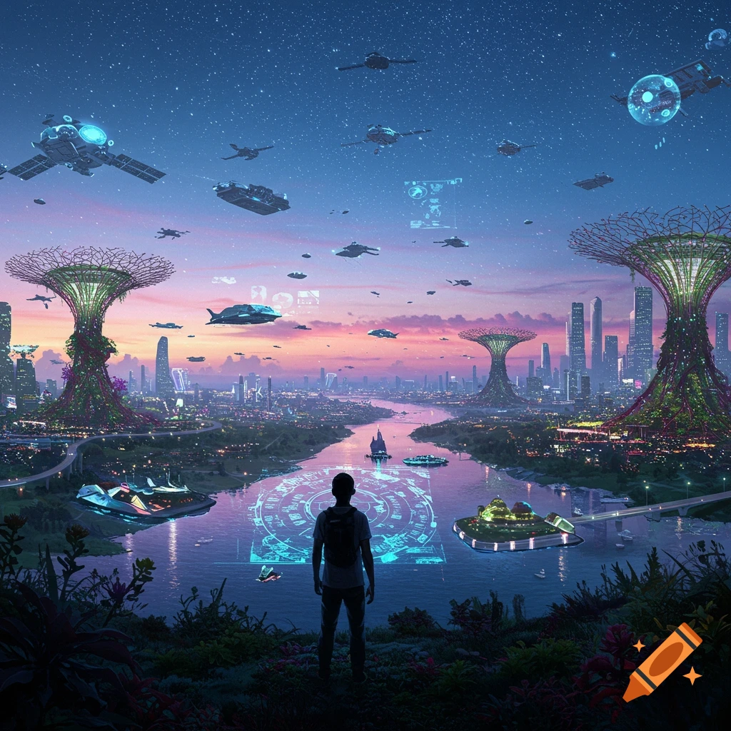 Rear view of a person overlooking a vibrant, futuristic city at dusk, with flying vehicles, glowing supertrees, and holographic displays over a river.