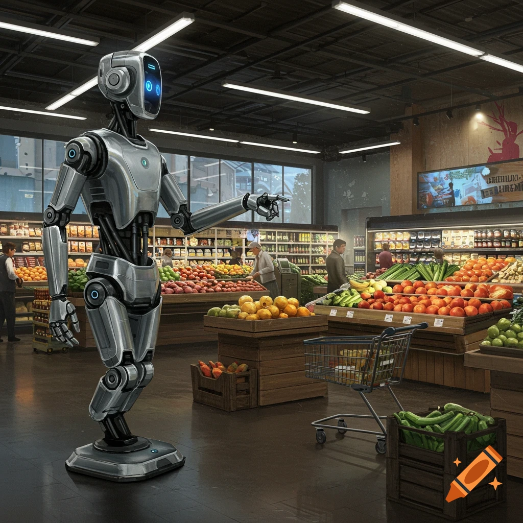A photorealistic image of a futuristic robot standing in the produce section of a grocery store, pointing towards something.