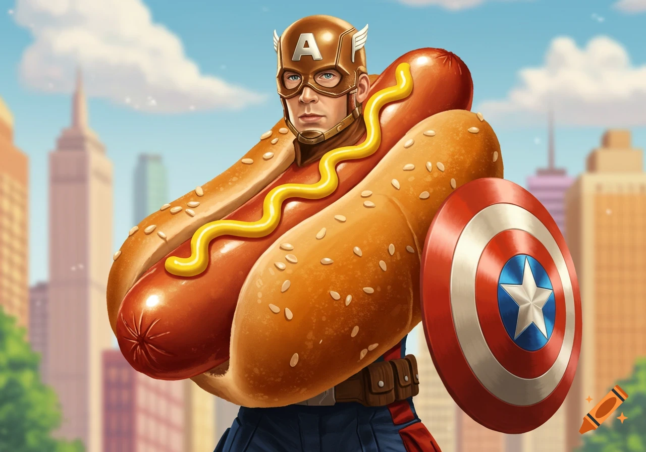 Cartoon Captain America as a hot dog, wearing a helmet with an 'A', mustard, and holding his shield in a city.