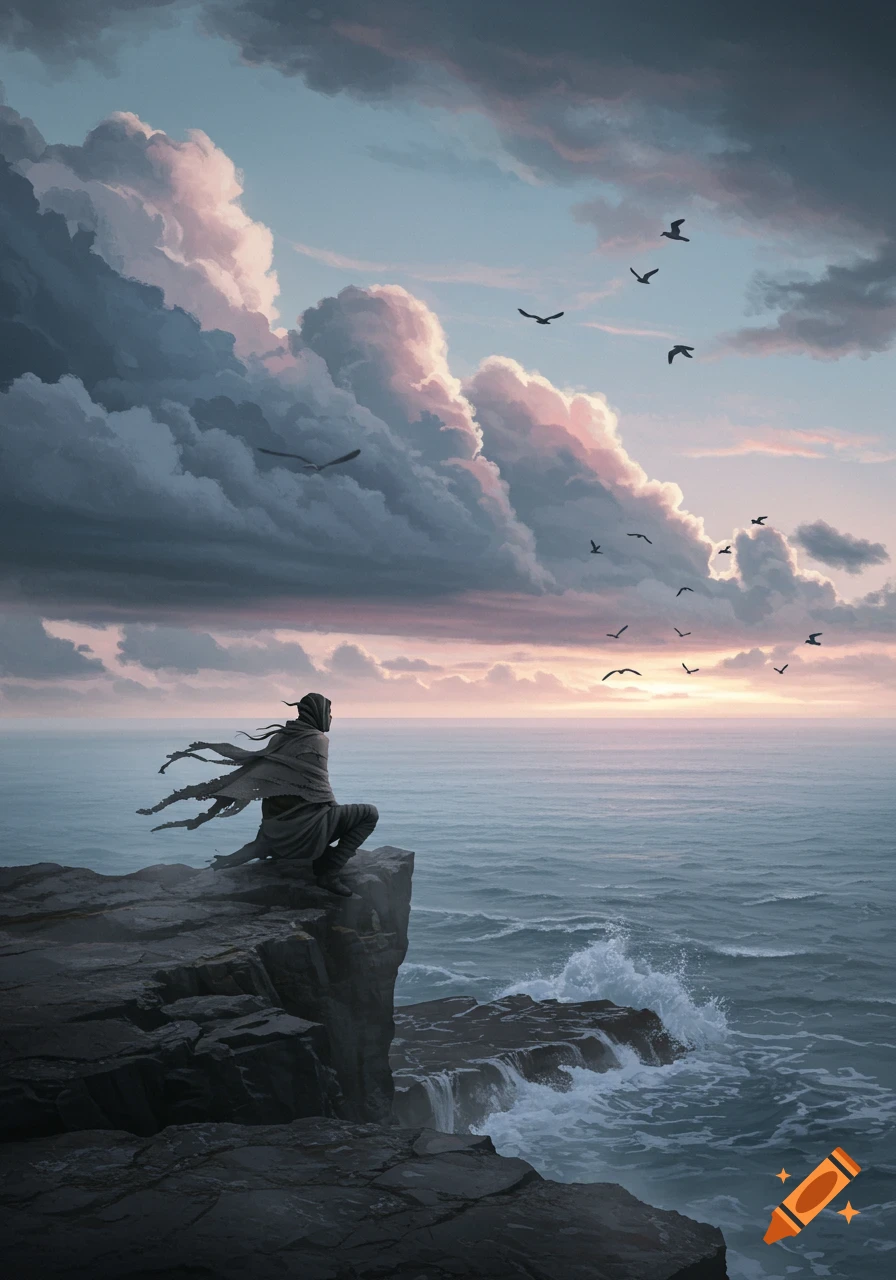 A hooded figure in tattered clothes sits on a cliff edge overlooking a vast ocean under a dramatic, cloudy sunset sky with birds flying.