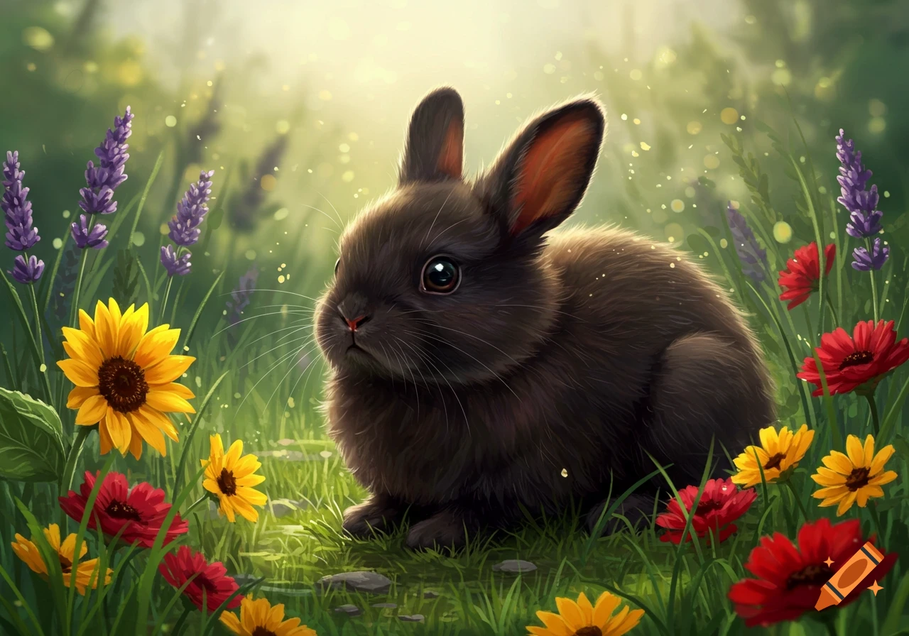 A cute fluffy black bunny sits in a vibrant green field surrounded by colorful sunflowers, red poppies, and purple lavender in an illustrative style.