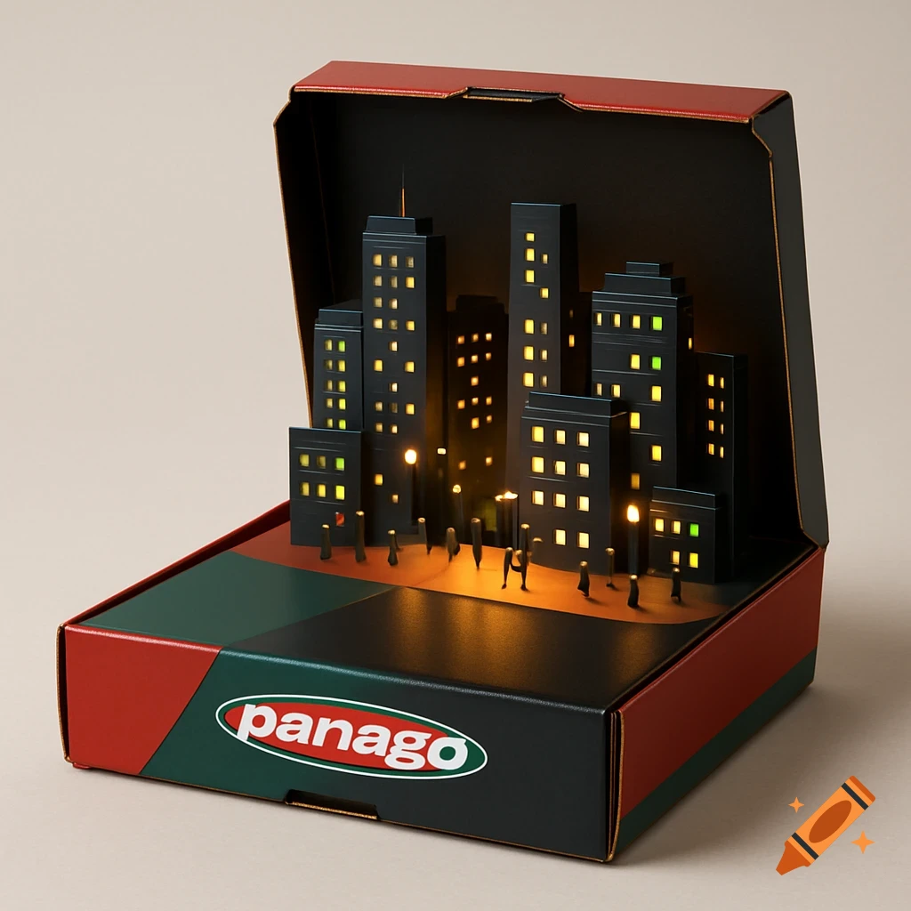 A miniature cityscape diorama with glowing windows and streetlights, built inside an open Panago box.