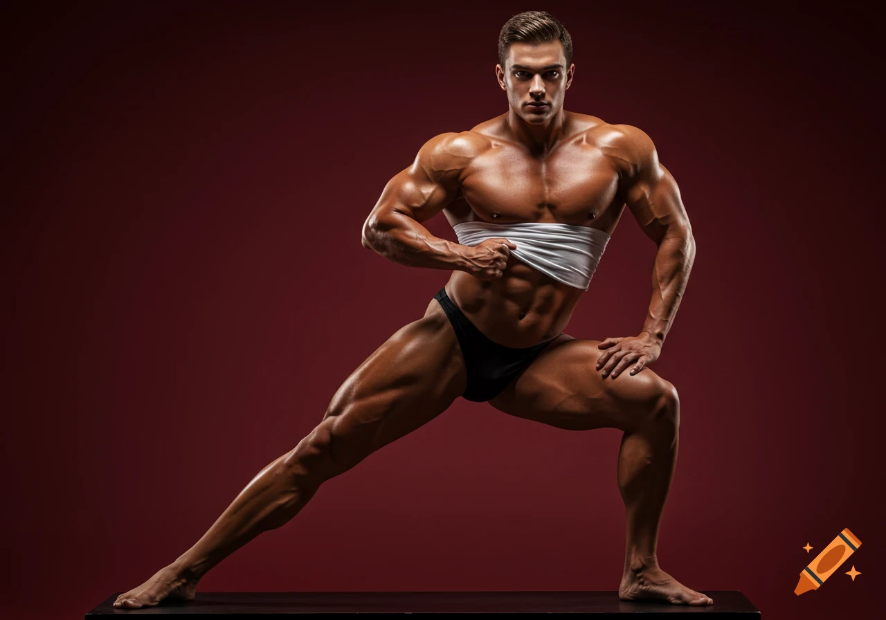 Photorealistic image of a muscular man in black briefs posing, pulling up a white top to show his abs, against a deep red background.