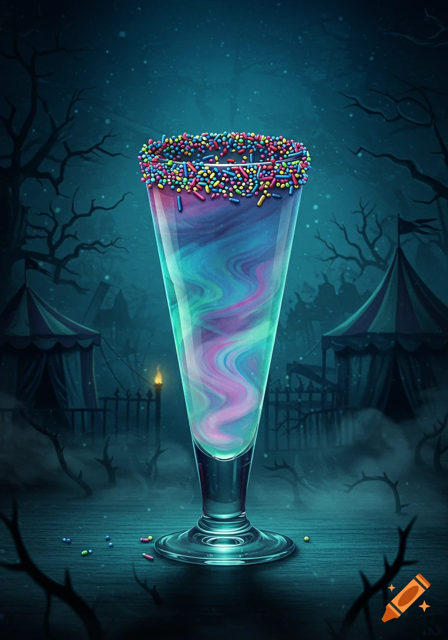 A tall glass filled with a swirling pink, purple, and blue drink, topped with colorful sprinkles, in a spooky, foggy circus background at night.