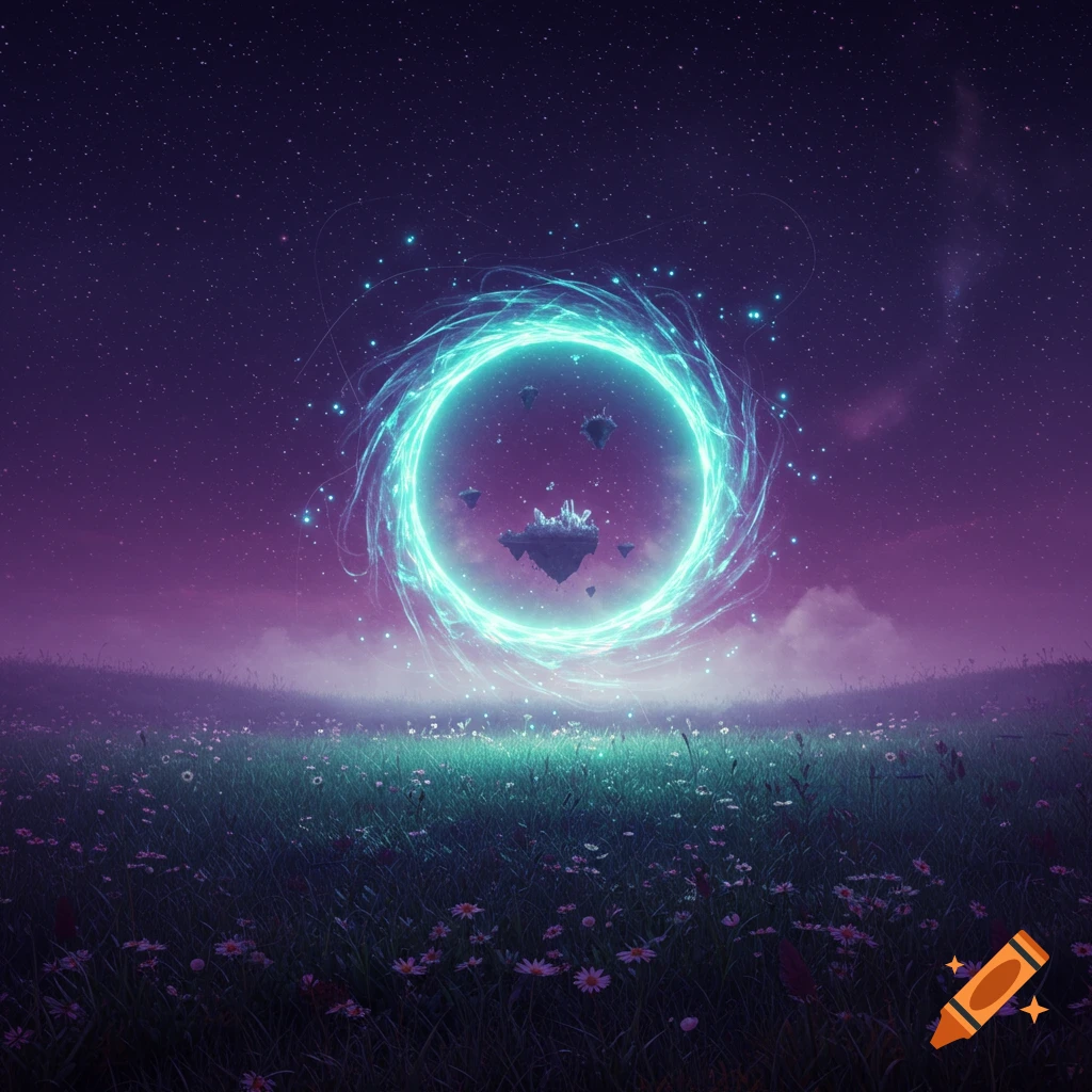 A vibrant blue-green energy portal with floating islands within opens over a field of wildflowers under a starry, purple-hued sky.