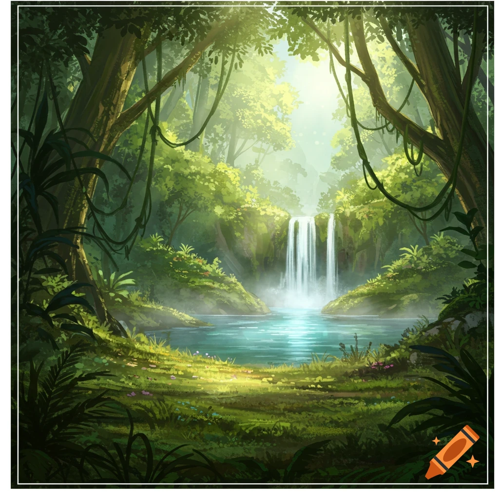 Vibrant, sunlit jungle landscape with a waterfall flowing into a peaceful pond, surrounded by lush green trees and foliage.