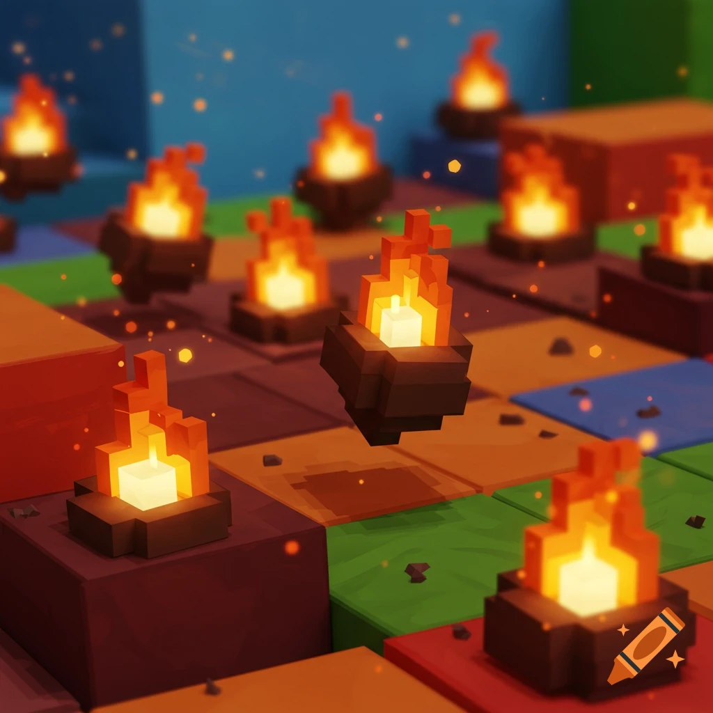 A grid of pixelated fires, like torches or campfires, on a colorful blocky landscape in a voxel art style.