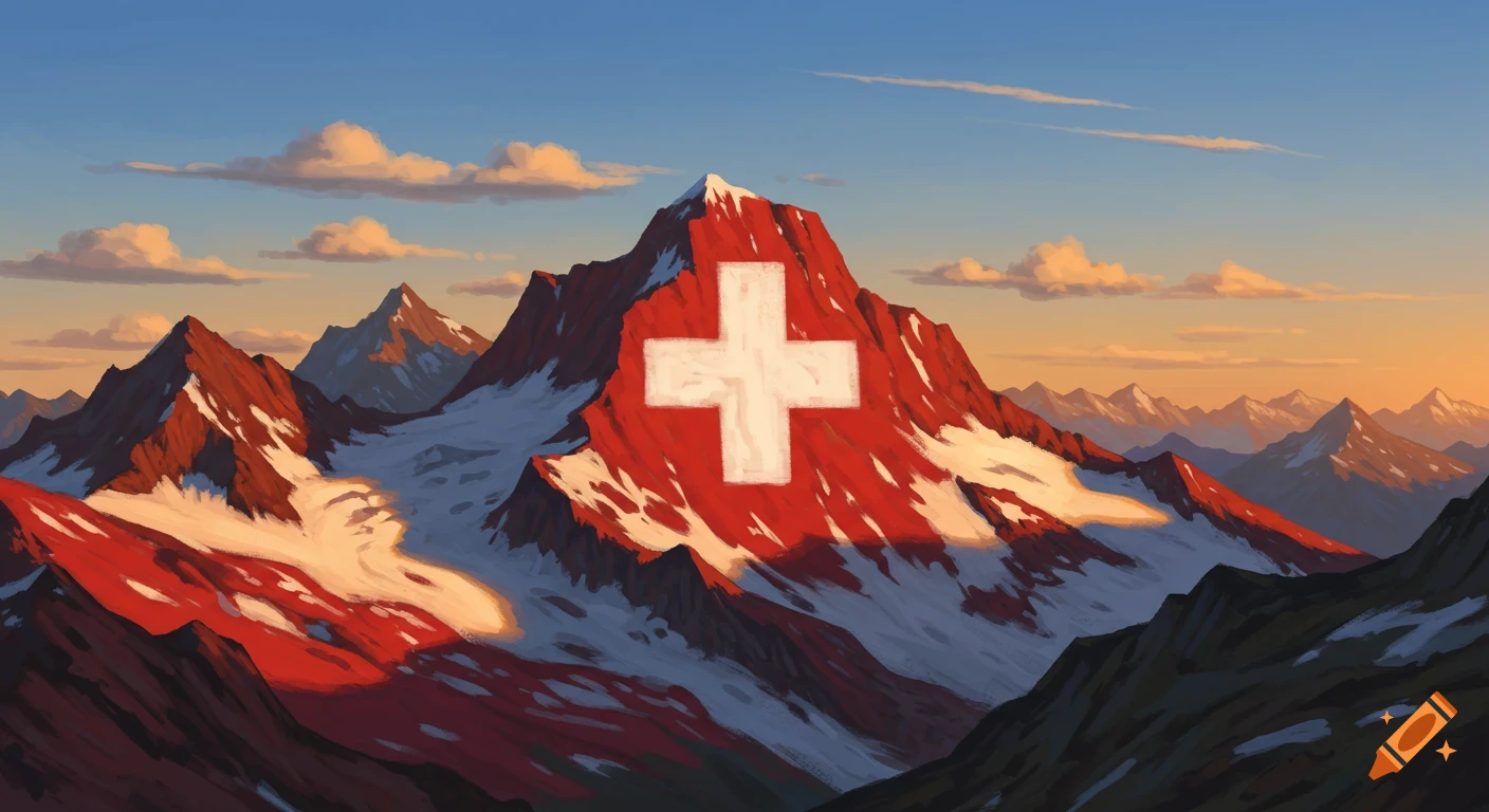 Painterly illustration of the Swiss Alps at sunset, with a mountain forming the Swiss flag.