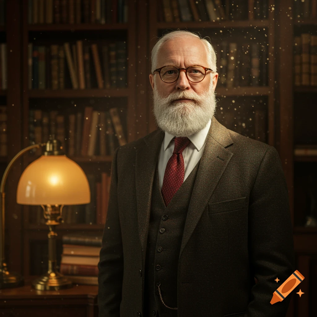 Photorealistic portrait of an older man with a white beard and glasses, in a suit, standing in a library.