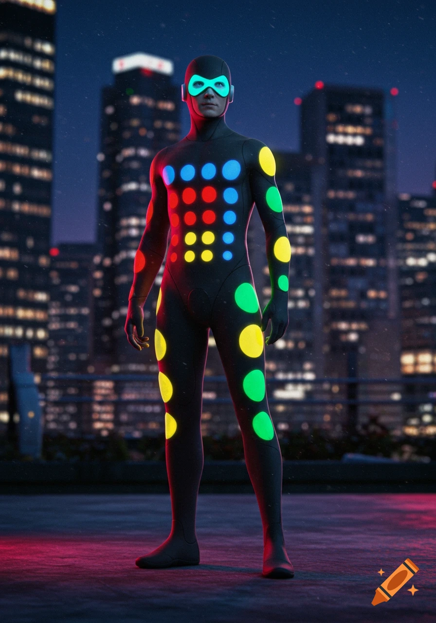 A man in a black skinsuit with glowing colored dots and a teal mask stands on a rooftop overlooking a city at night.