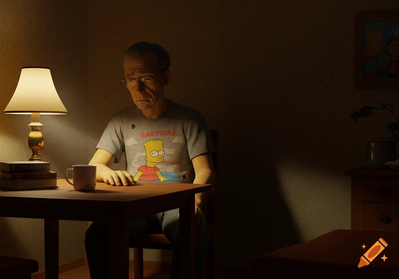 An old man with glasses and a sad expression sits at a table, illuminated by a lamp. He wears a gray t-shirt with a drawing of Bart Simpson and the text "BARTSON".