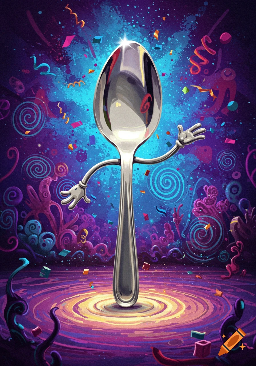 A personified silver spoon with cartoon hands stands under a bright light amidst colorful confetti and abstract swirls on a vibrant purple and blue background.