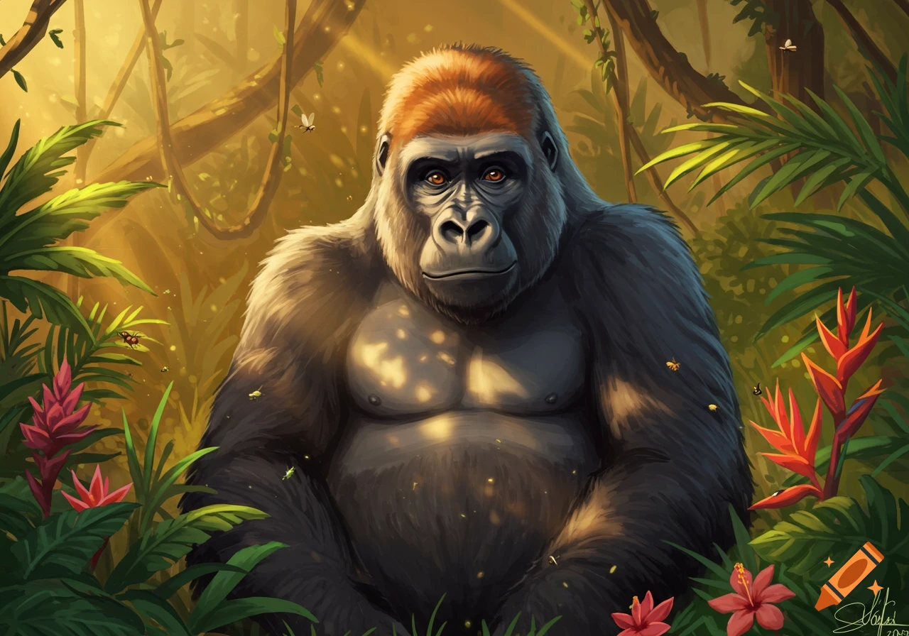 Digital illustration of a large gorilla with reddish fur on its head, sitting in a sunny, dense jungle among green leaves and red flowers.