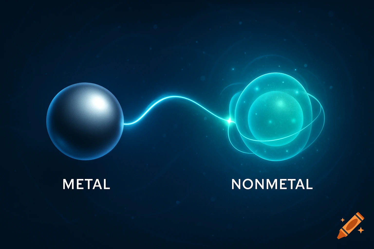 An abstract illustration showing a metallic sphere connected by a glowing blue line to a nonmetal, cell-like structure. Text reads 'METAL' and 'NONMETAL'.