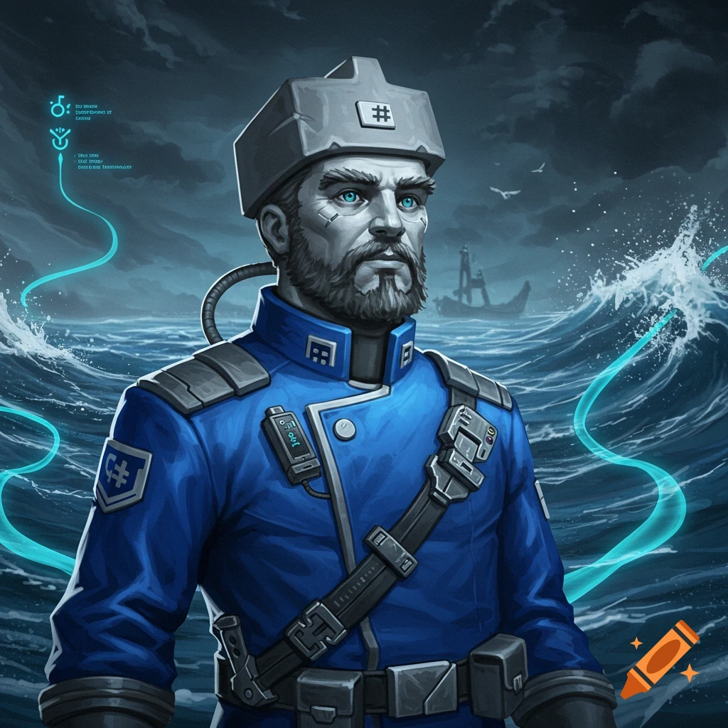 A stylized portrait of a man with a beard and intense blue eyes, wearing a blue futuristic uniform and a gray hat, standing in a stormy sea with a ship in the background. Holographic elements float in the air.