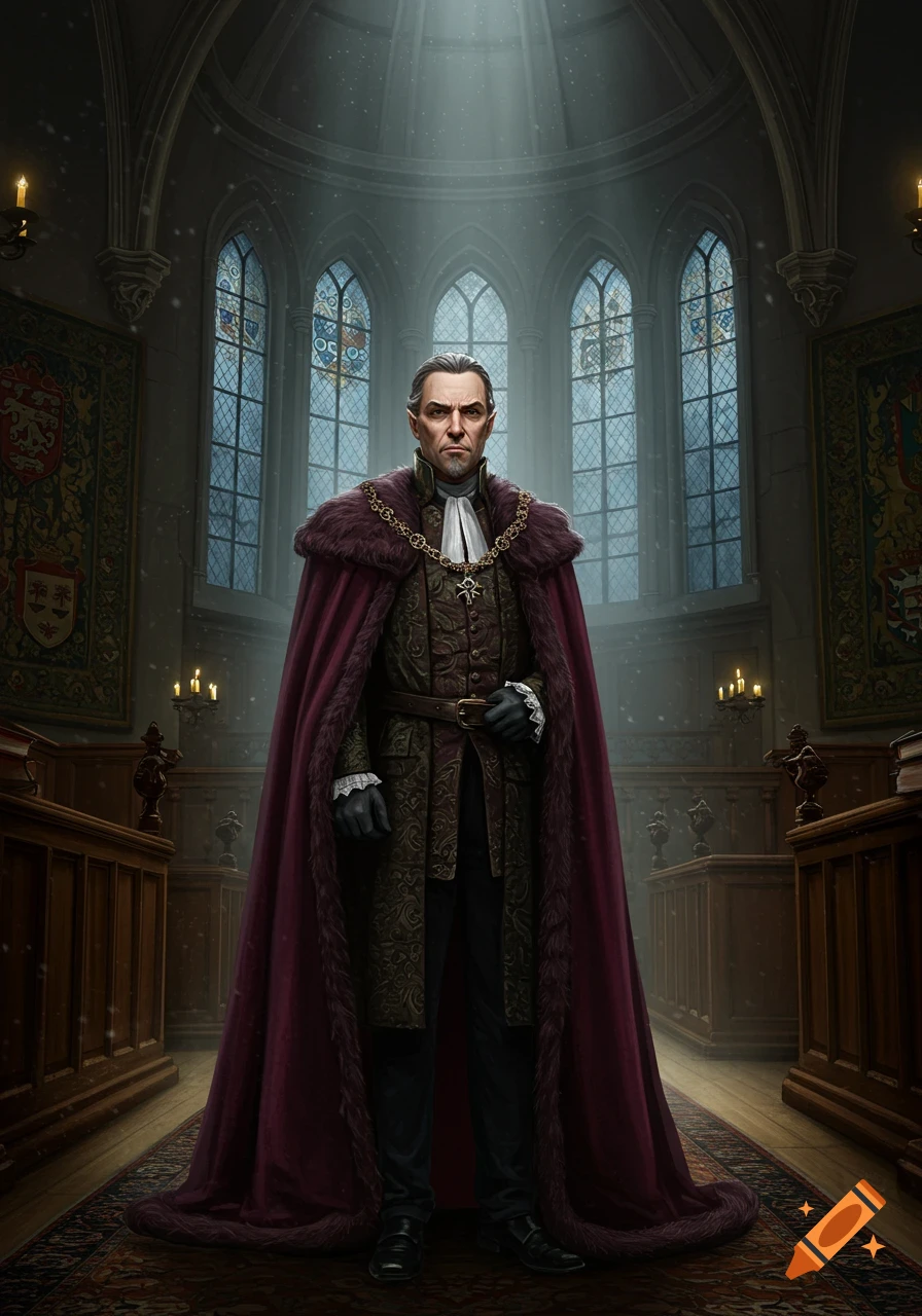 A stern-faced man in an ornate gothic coat and long purple fur-trimmed cape stands in a grand, dimly lit hall with stained glass windows.