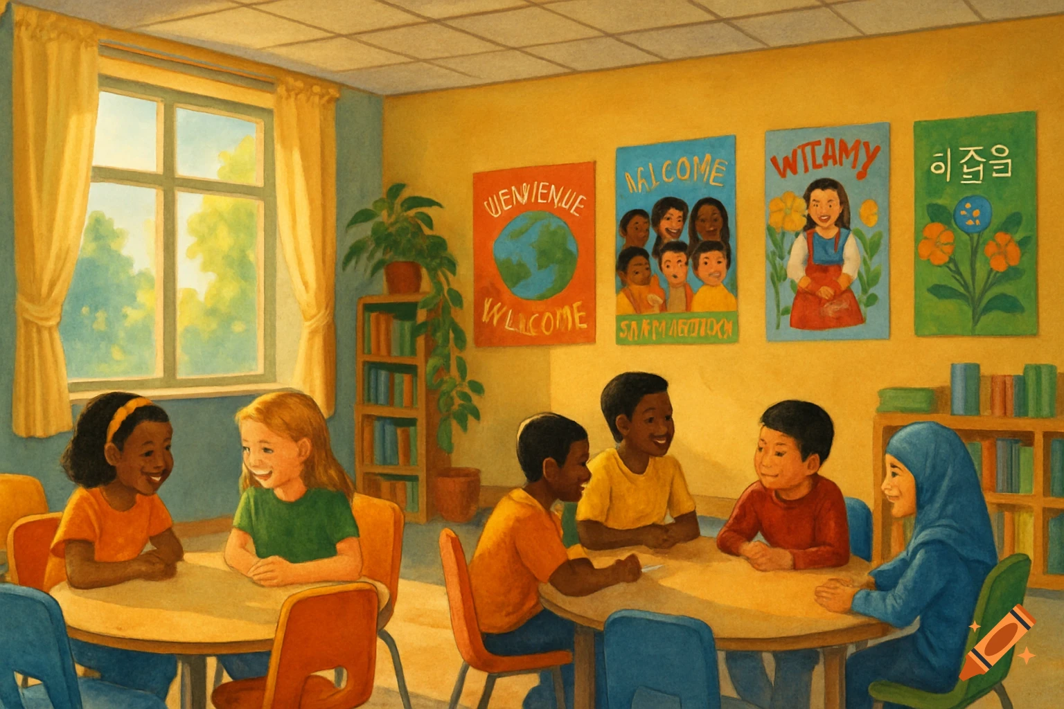 A warm, brightly lit classroom with diverse children sitting at round tables. Colorful posters with text in multiple languages adorn the yellow walls, and a large window looks out to green trees.