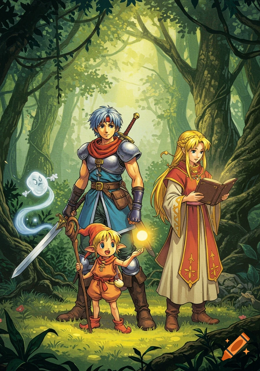 Anime-style fantasy adventurers, a warrior, a mage reading a book, a small elf, and a ghost in a vibrant jungle.