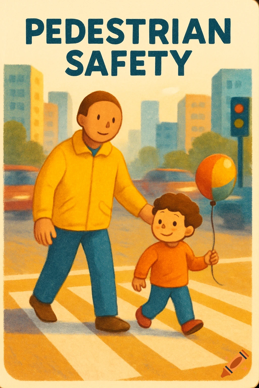 Illustration of an adult and child crossing a city street at a crosswalk under text 'PEDESTRIAN SAFETY'.