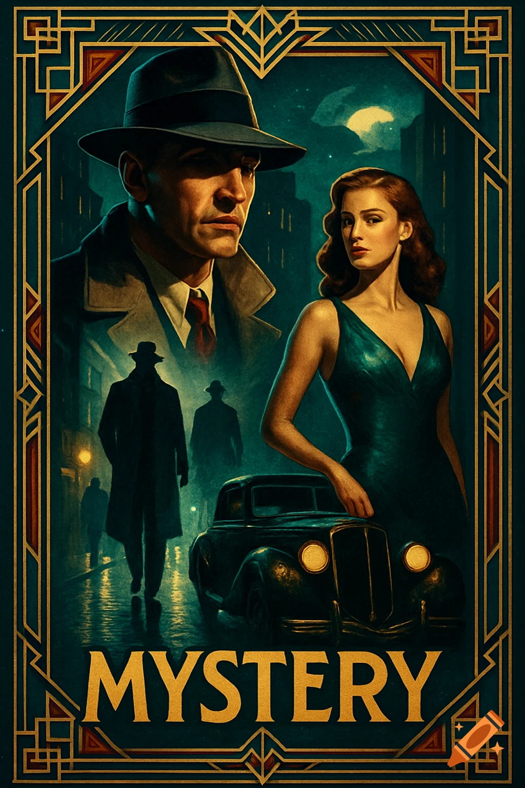 A vintage art deco movie poster with a man in a fedora and trench coat, a woman in a green dress, and an old car in a dark, stylized city, with the word "MYSTERY" at the bottom.
