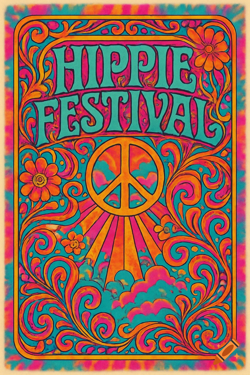 Psychedelic vintage poster for a 'Hippie Festival' with a peace sign, sun, flowers, and swirling patterns in bright pink, orange, and turquoise.