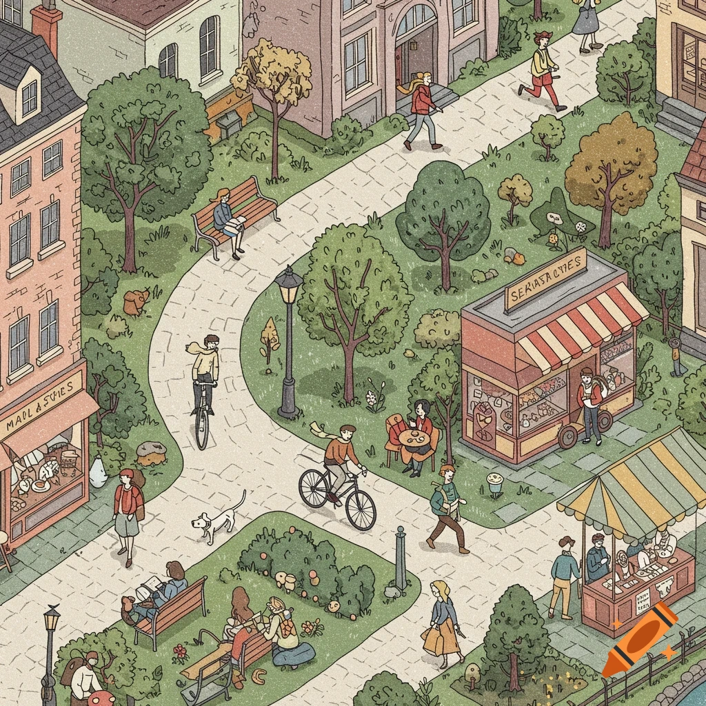 Isometric illustration of a lively town park with people walking, biking, reading, and shopping at outdoor stalls.