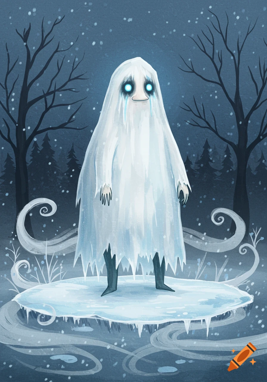A mournful ghost-like figure with glowing blue eyes stands on an ice floe in a snowy winter forest illustration.