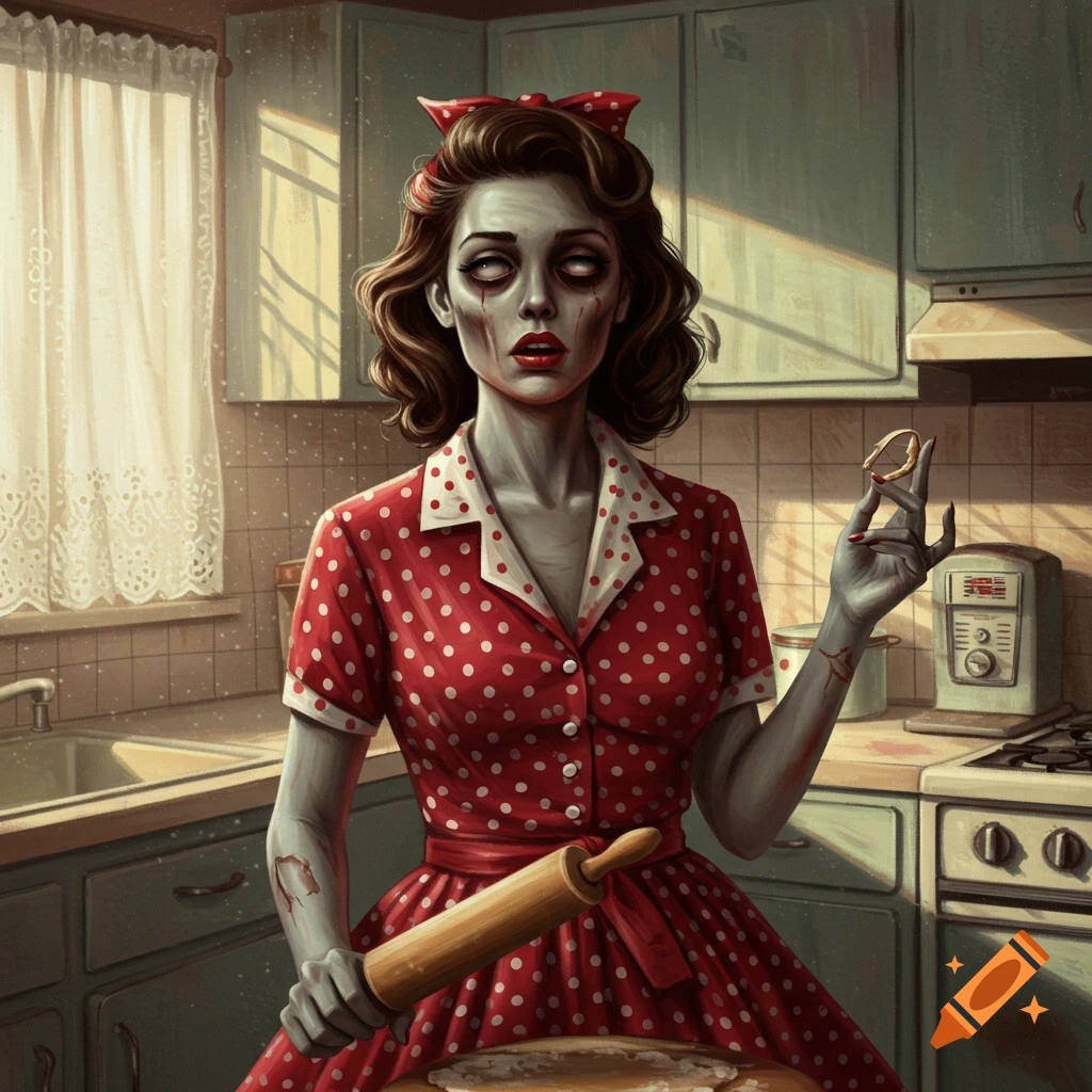 A stylized illustration of a zombie 1950s housewife in a red polka dot dress, holding a rolling pin in a kitchen.