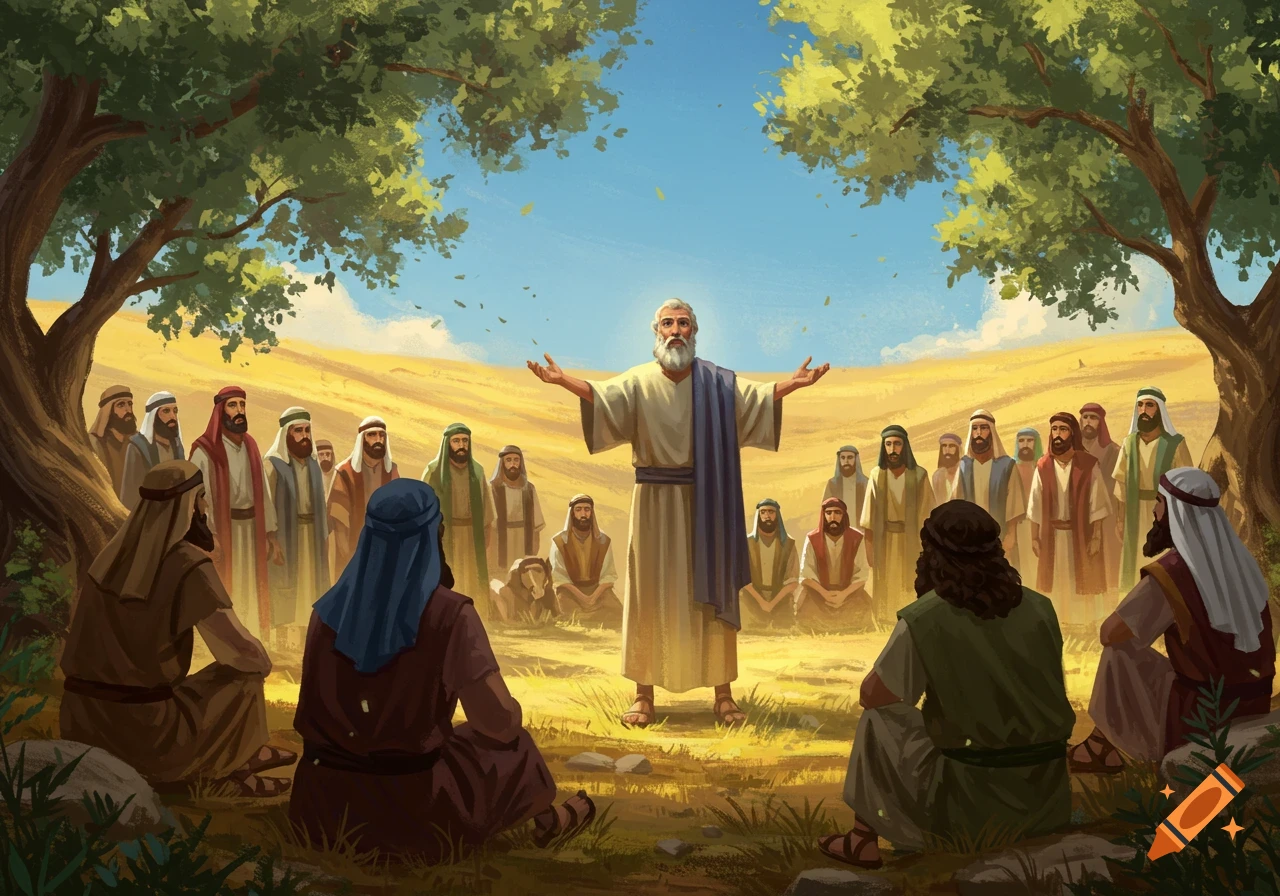 An old man in ancient robes preaches to a crowd of men under trees in a desert landscape, illustration.