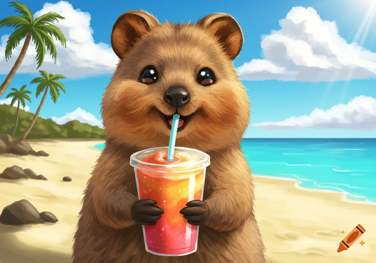A cute quokka holds and sips a colorful smoothie through a straw on a sunny beach with palm trees.