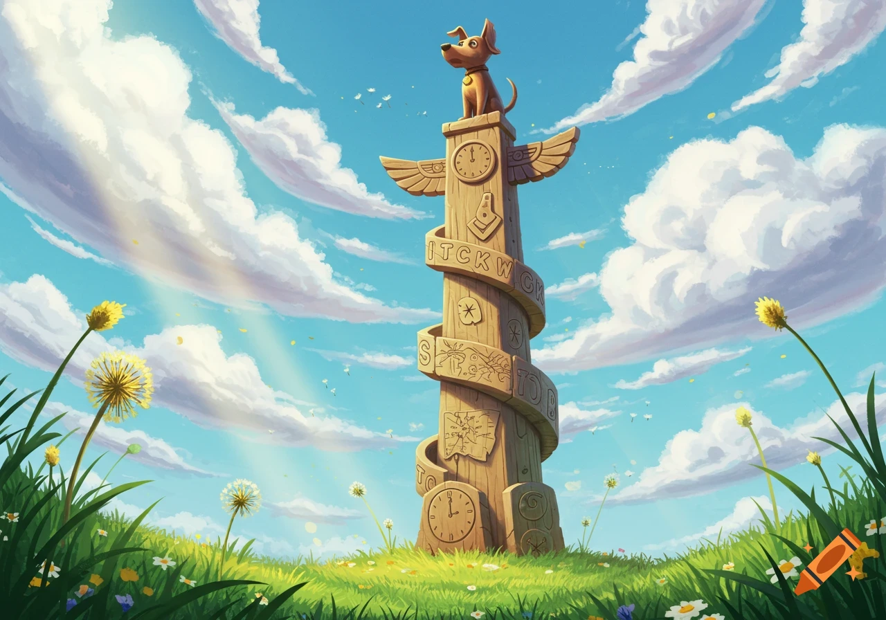 A cartoon brown dog sits atop a carved wooden totem pole in a bright green meadow under a blue sky with fluffy white clouds.