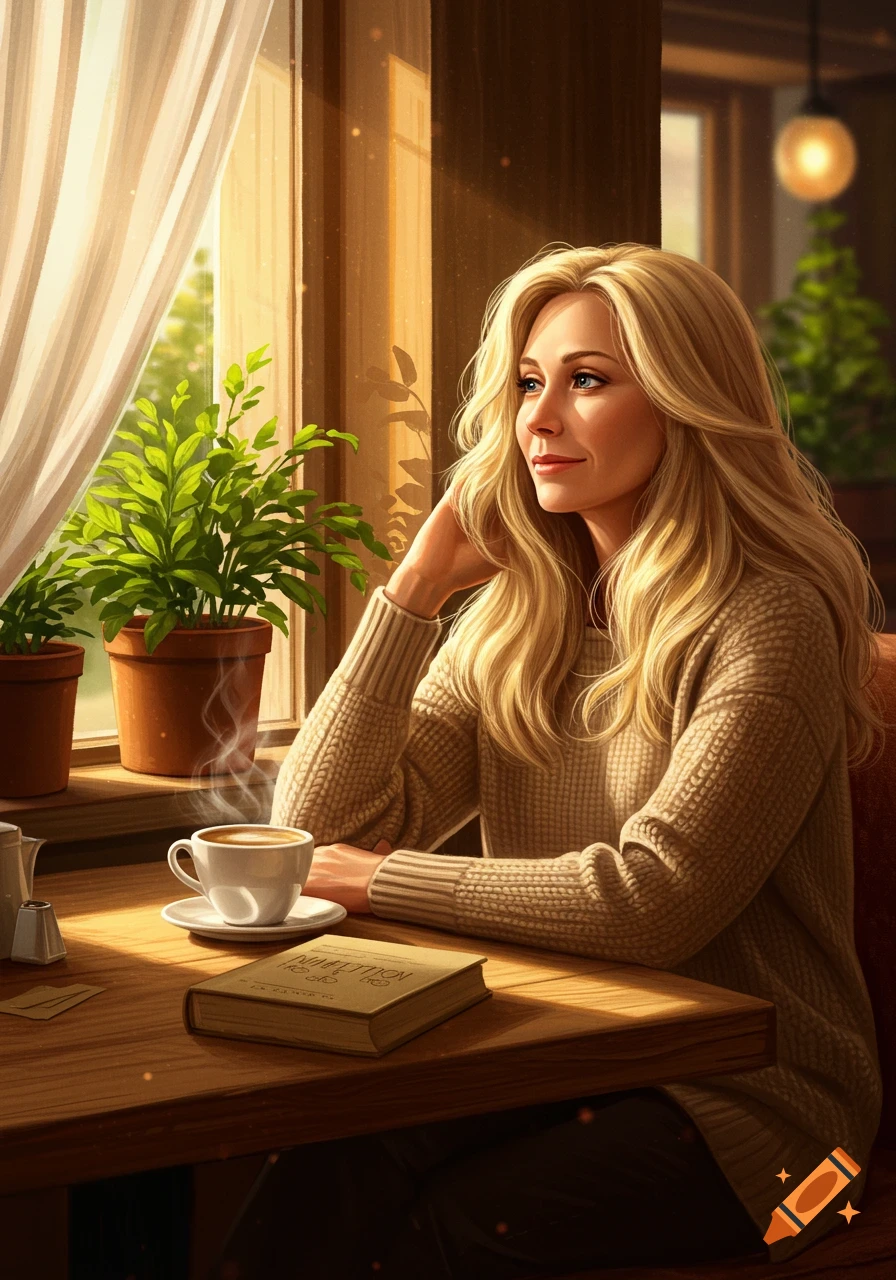 A blonde woman smiles, sitting at a cafe table with coffee and a book by a sunlit window.