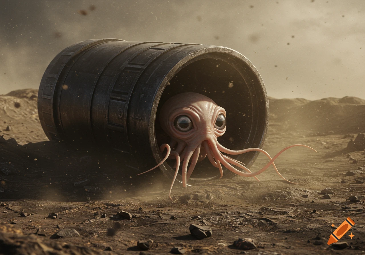A photorealistic alien creature with large eyes and tentacles peeks from a metal cylinder in a dusty, barren landscape.