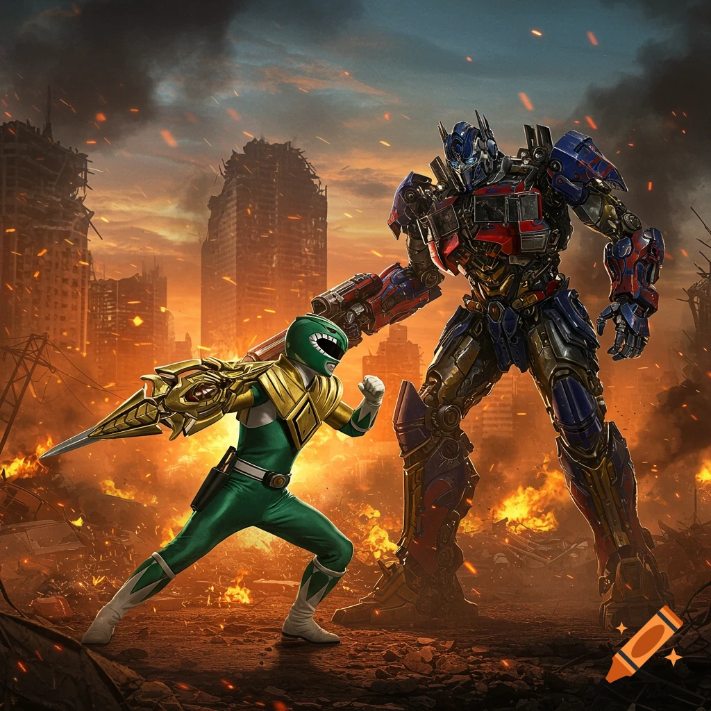 Green Power Ranger confronts Optimus Prime in a destroyed city engulfed in flames, rendered in a dramatic, photorealistic style.
