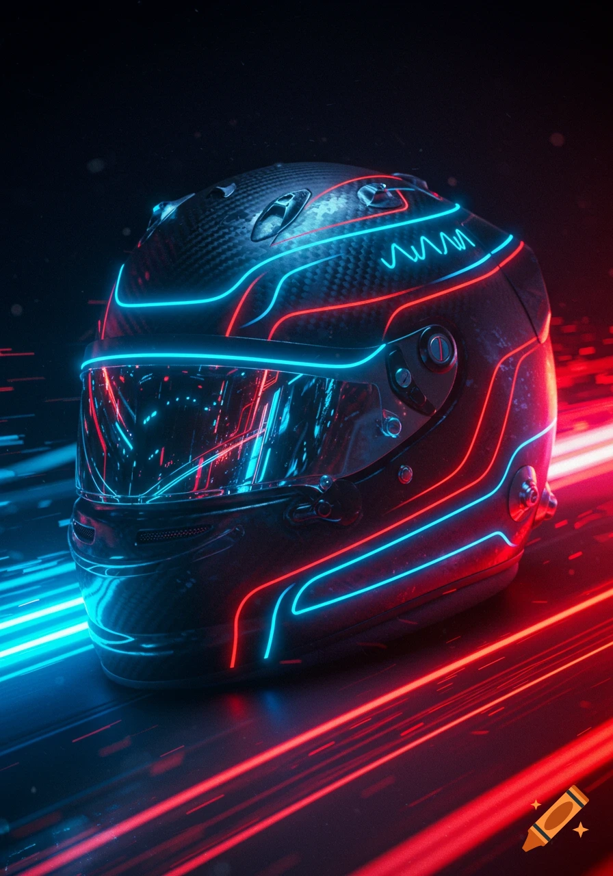 A futuristic carbon fiber racing helmet adorned with glowing red and blue neon lines, set against a dark background with blurred neon light streaks.